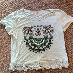 Elephant Print Lace Trim Women's Top